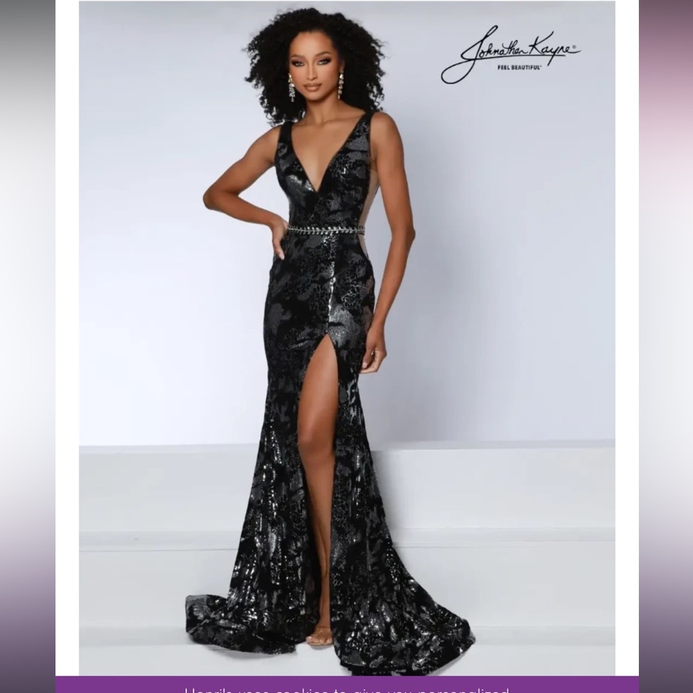 Johnathan Kayne Black Sequin Mermaid Prom Dress with High Thigh Slit